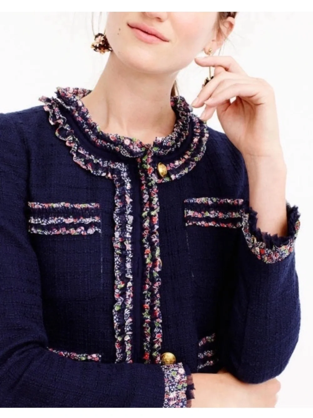 J. Crew Lady Jacket In Navy Blue Tweed Button Down Floral Ruffle Trim Size 12